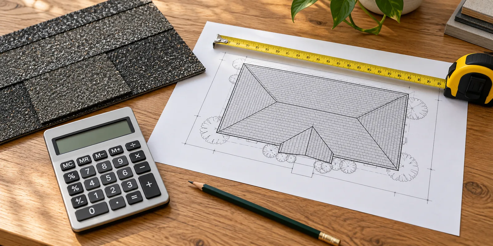 Illustrative roof plan with a calculator, tape measure and shingle sample